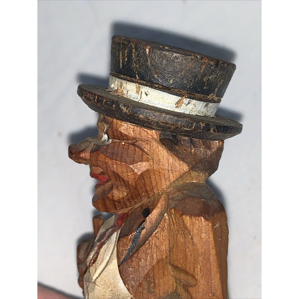 Vintage Hand Carved Wooden Man FolkArt Villager Figurine Top Hat Cane ANRI Style - Picture 10 of 16
